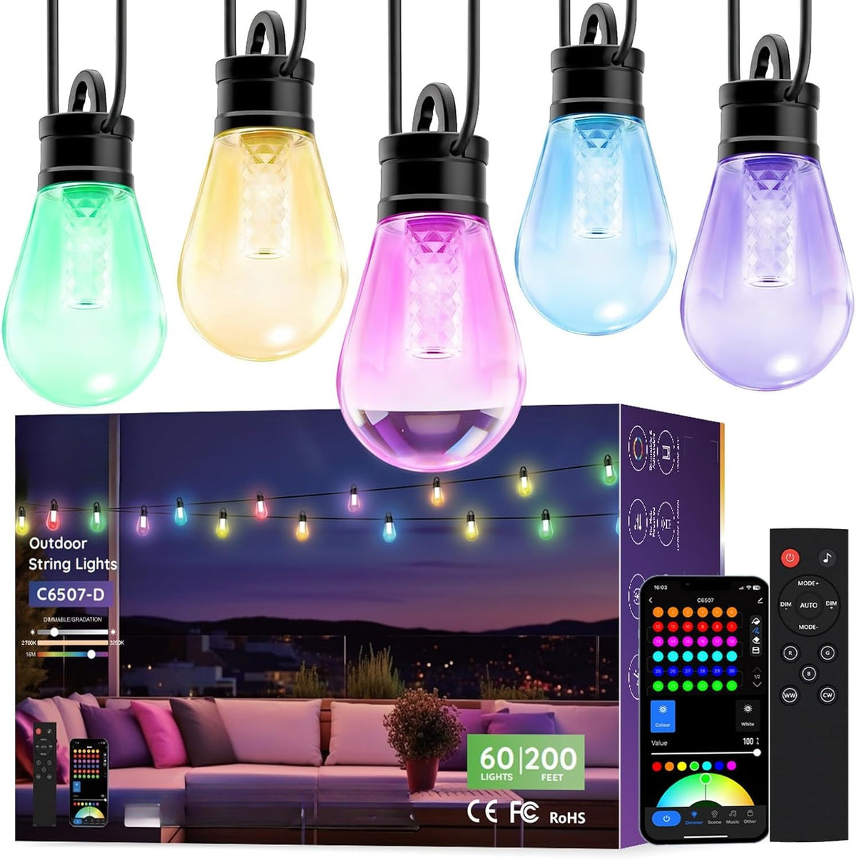 Smart RGBW Outdoor Patio String Lights