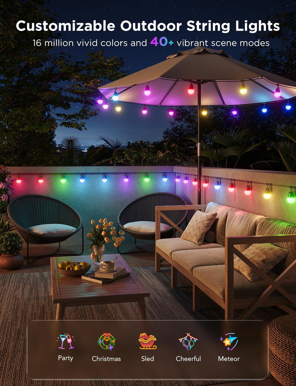 Smart RGBIC Patio String Lights App‑Controlled