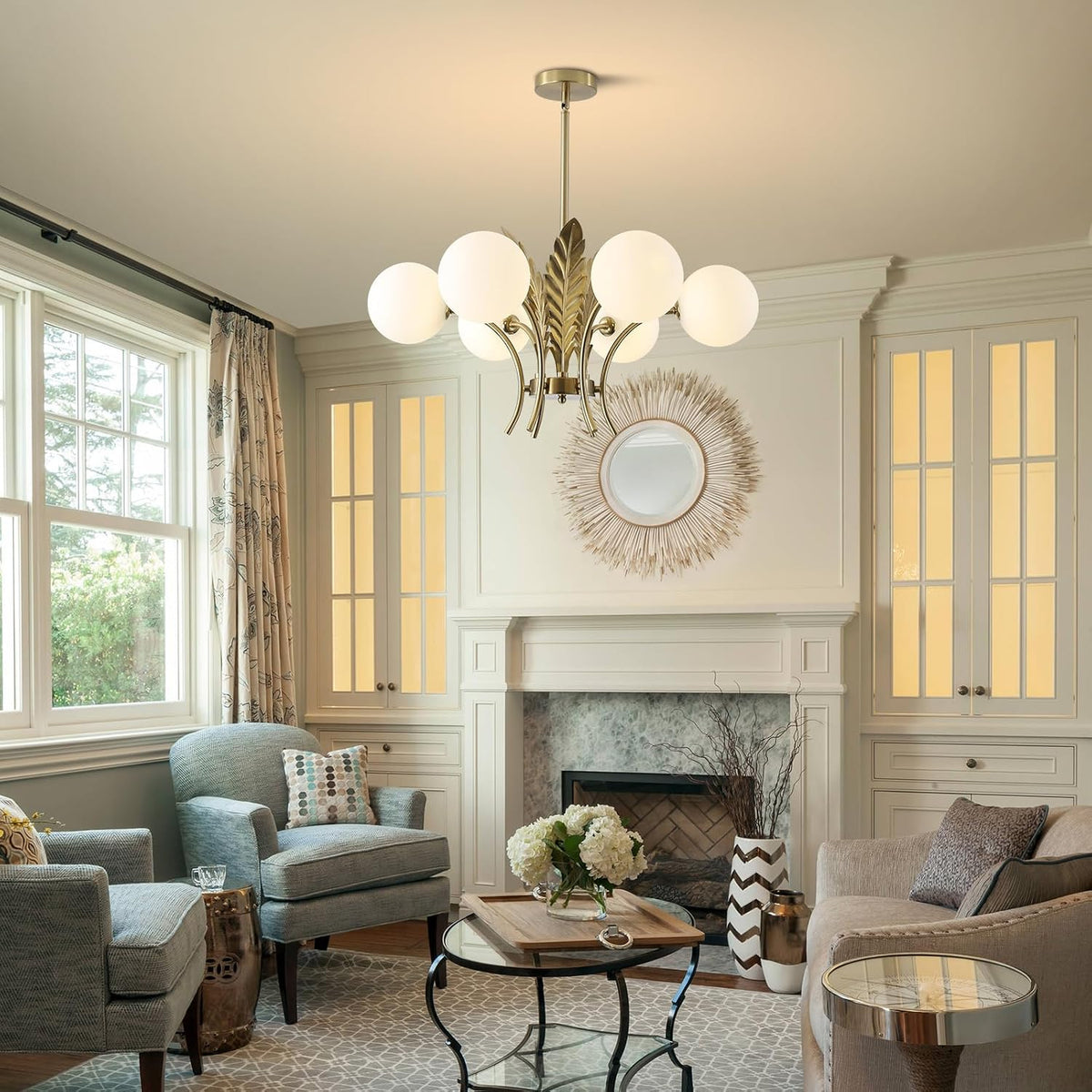 Gold Milk‑Glass Globe Chandelier