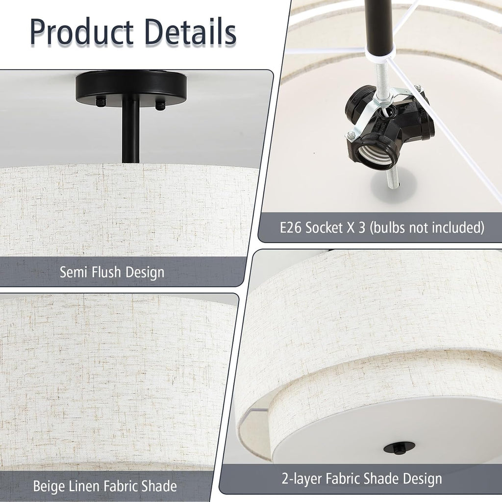 Gold Linen Drum Semi Flush Ceiling Light