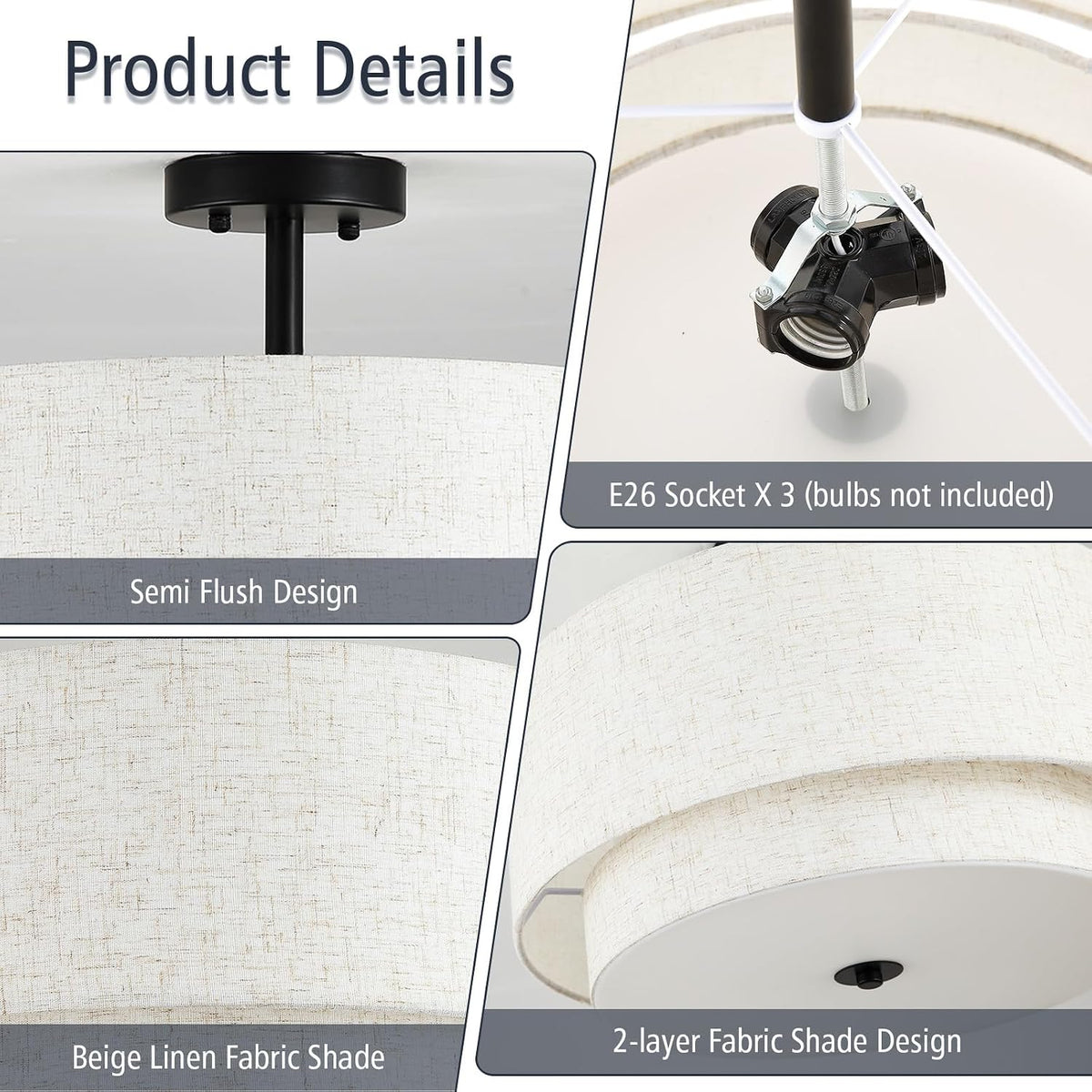 Gold Linen Drum Semi Flush Ceiling Light