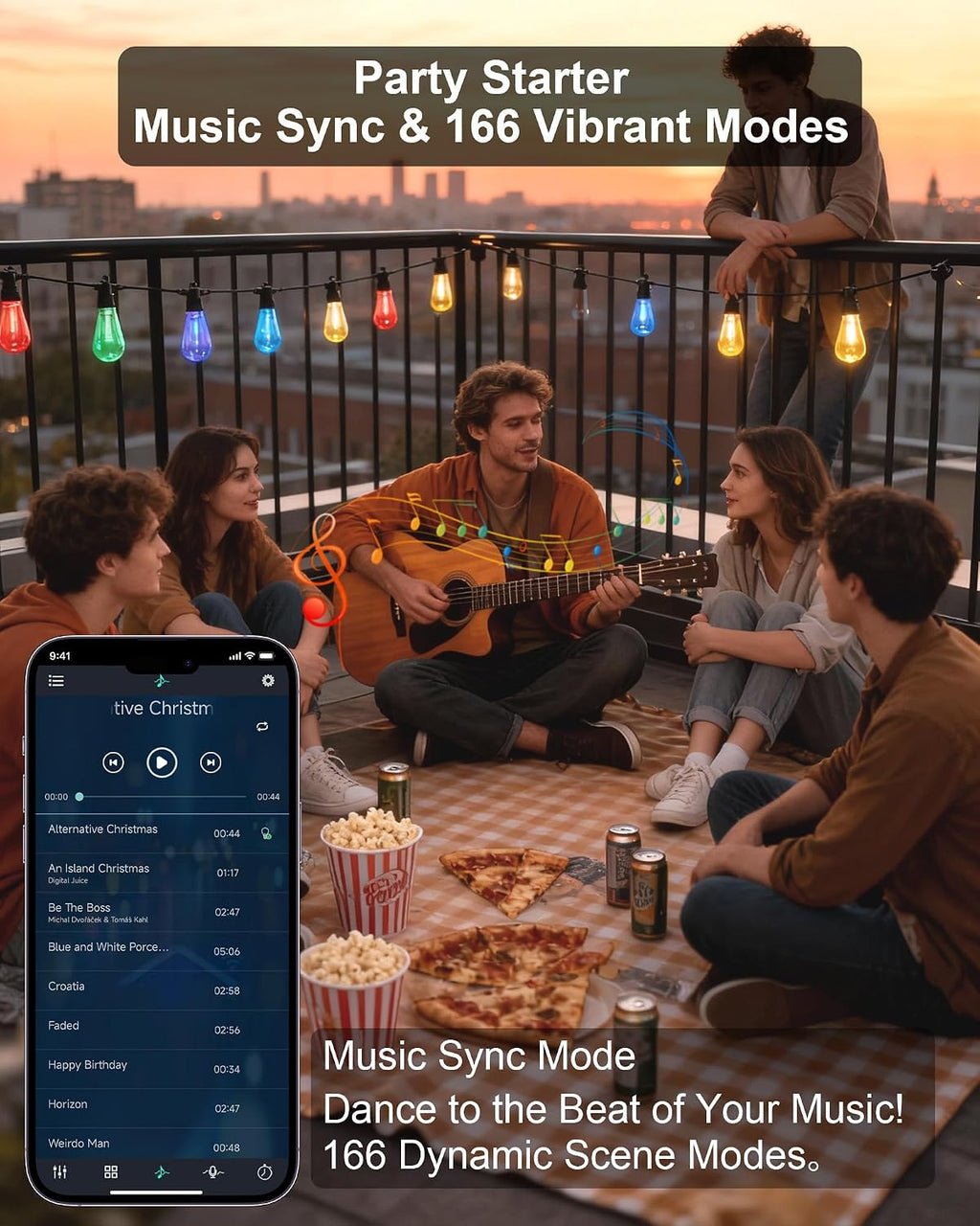 RGB Smart Outdoor String Lights Music‑Sync